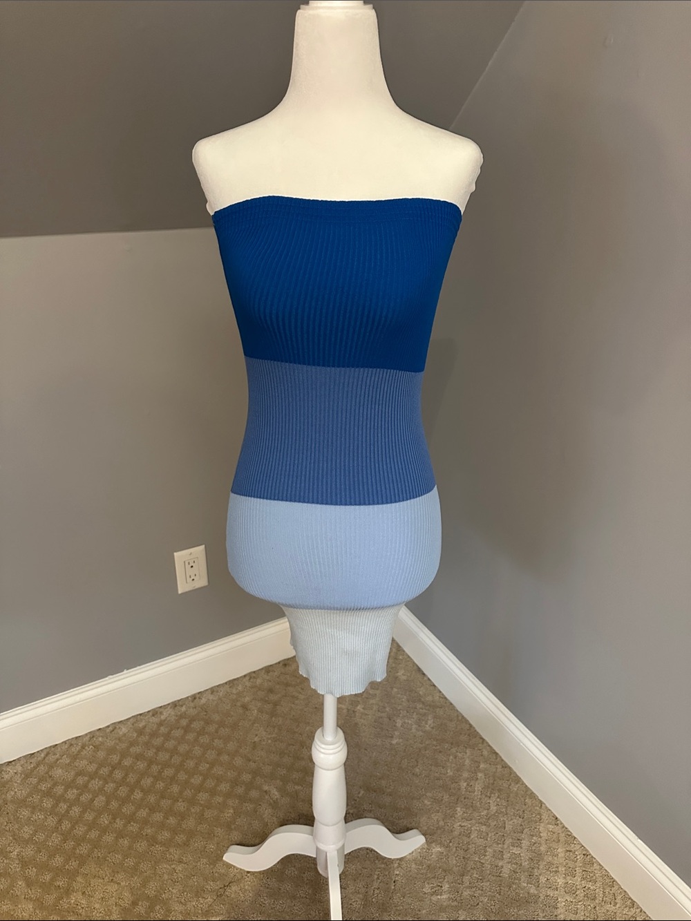 Colorblock Strapless Ribbed Knit Dress - Blue Gradient